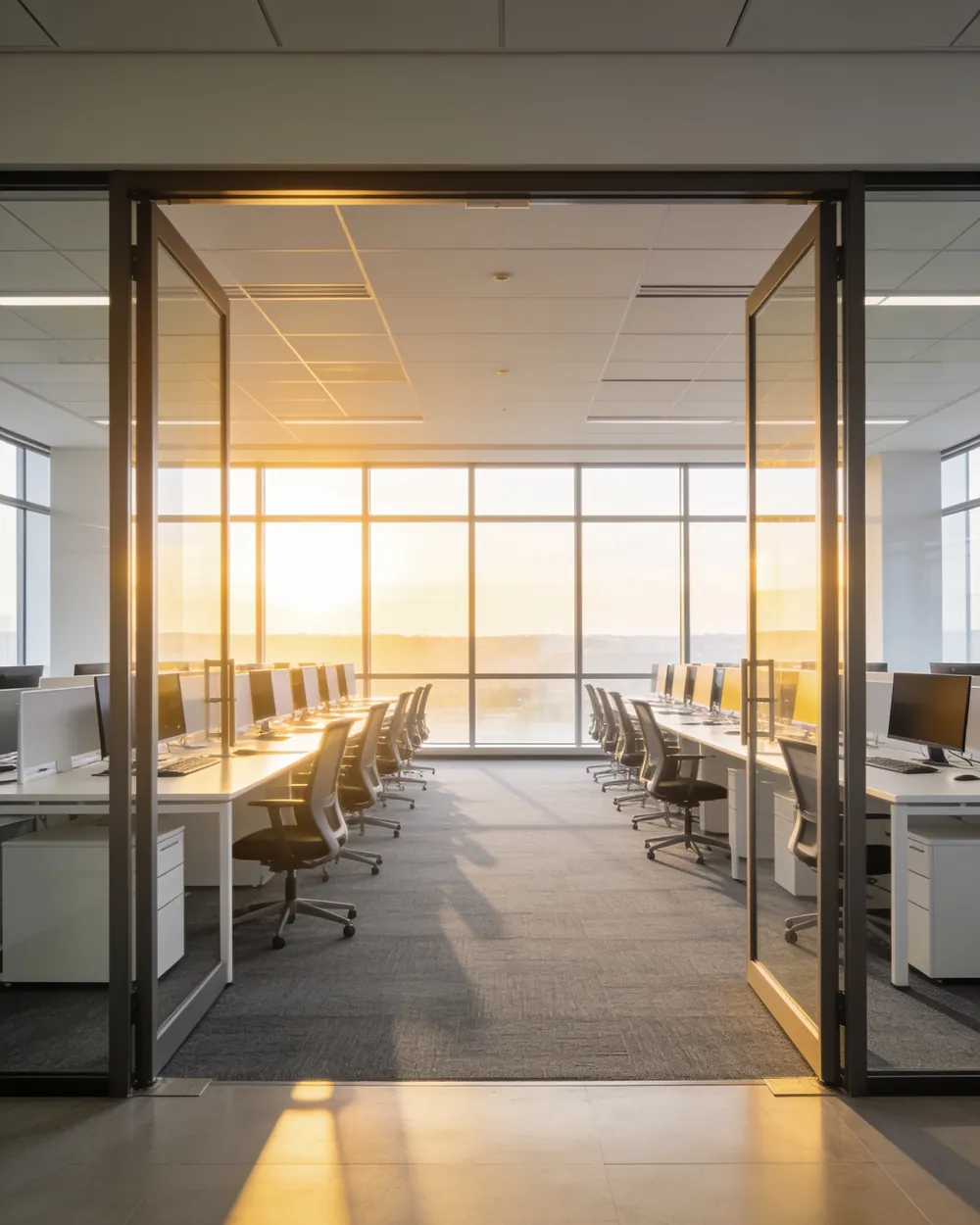 Plateau de bureaux vide et rangé au lever du jour, la lumière entre par les grandes fenêtres