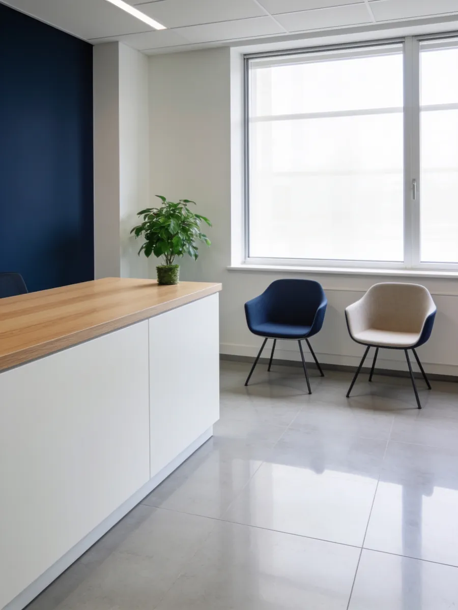 Accueil de bureaux propre et lumineux, comptoir en bois clair et deux fauteuils