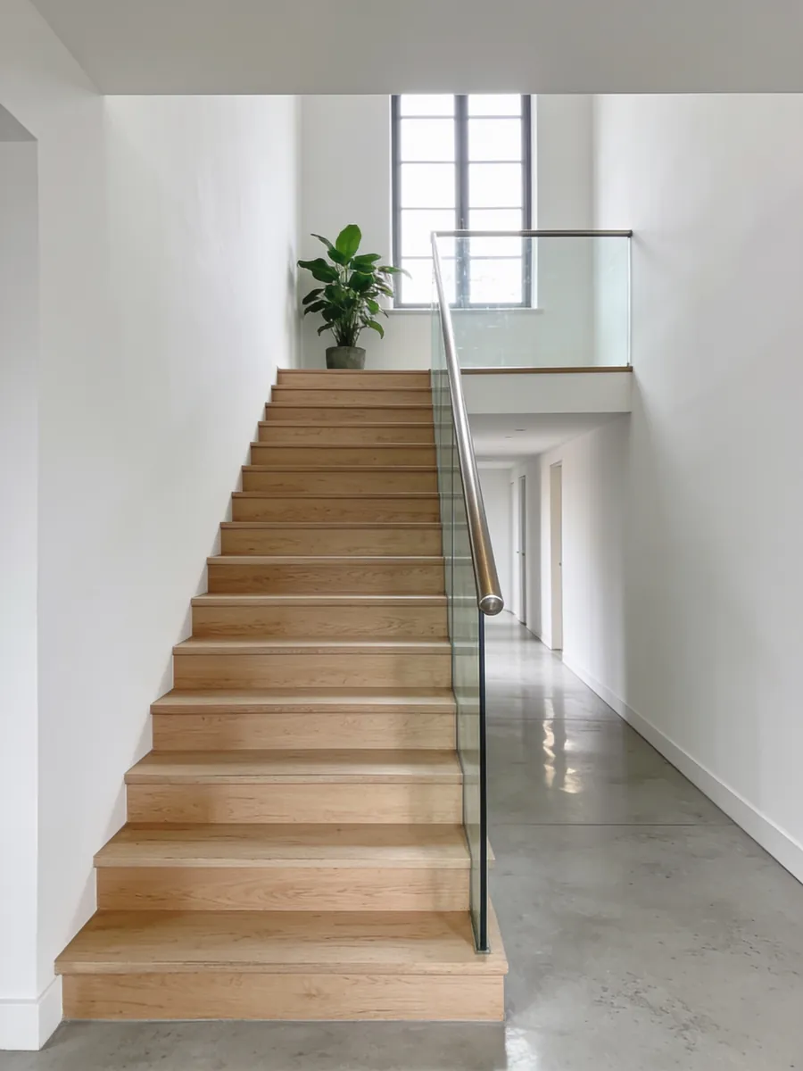 Escalier de bureaux en chêne clair avec garde-corps vitré, au pied d'un sol gris propre et brillant