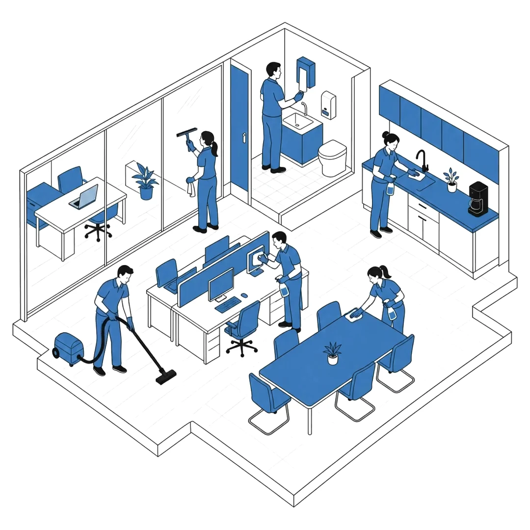Vue isométrique d'un plateau de bureaux entretenu par une équipe Bora Clean : aspiration des sols, nettoyage des cloisons vitrées, réapprovisionnement des sanitaires, entretien de la cuisine et désinfection des postes de travail